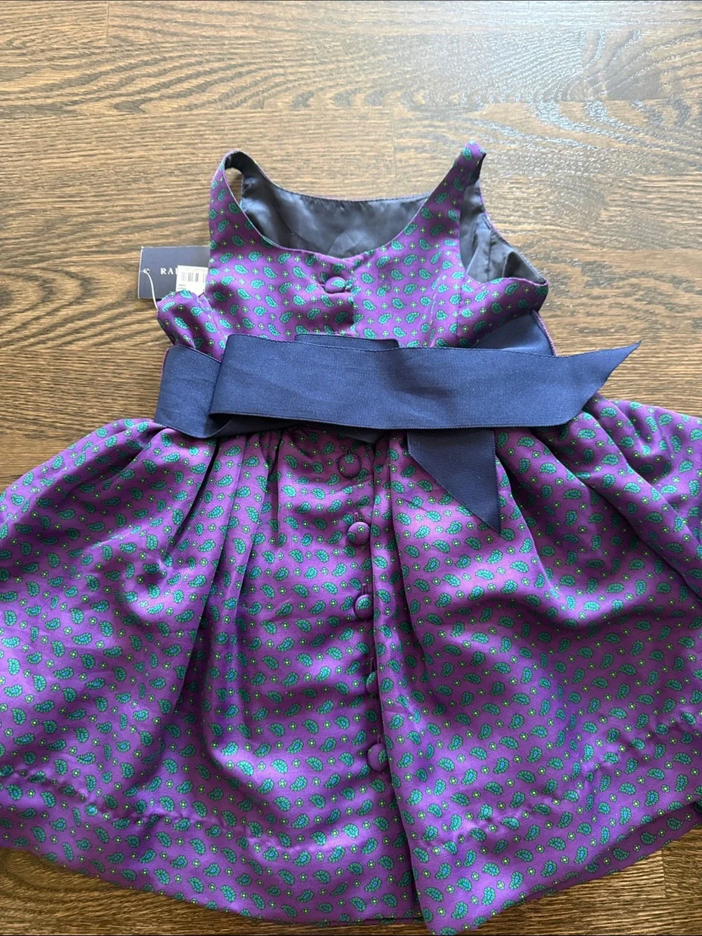 Ralph Lauren Purple Floral Print Girls Party Dress with Navy Sash